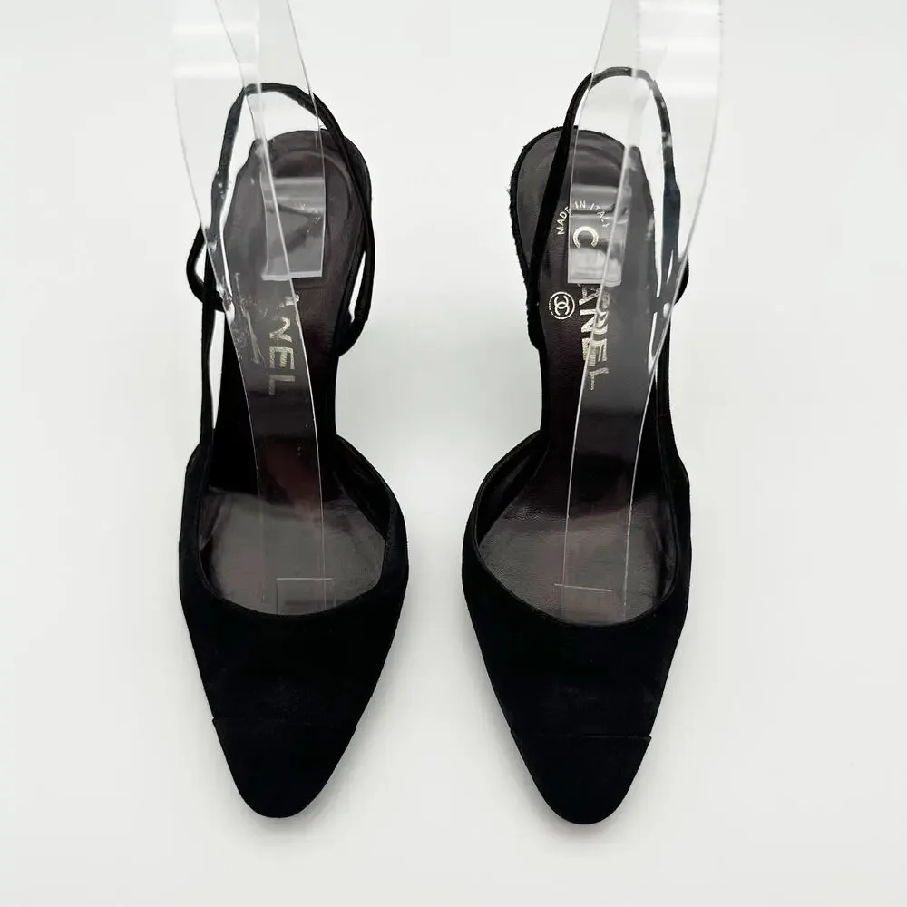 Chanel Slingback Heels 36.5 Black Suede Gold Cap Toe Vintage CC Logo Block Heel - Picture 2 of 9